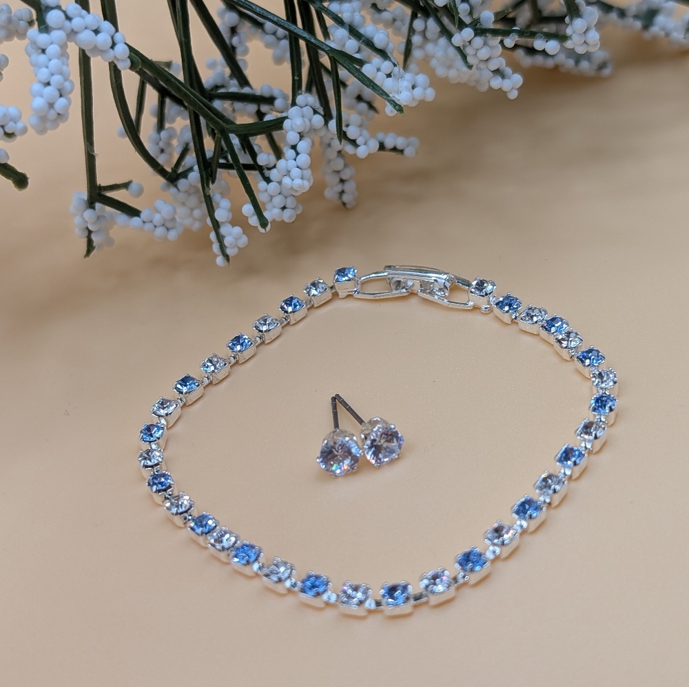 Elegant Silver and Blue Bracelet and Earring Set Made w/ Swarovski Crystals